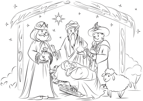 Three Kings Visit Baby Jesus   Adoration Of The Magi Coloring Page